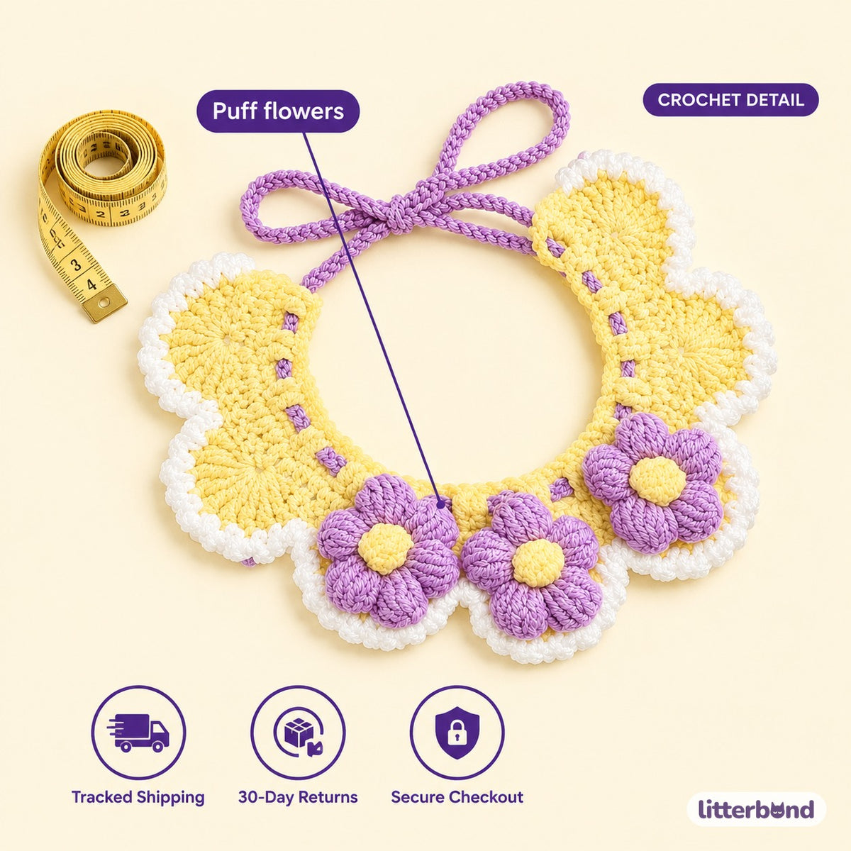 Puff Flower Crochet Collar - size and details