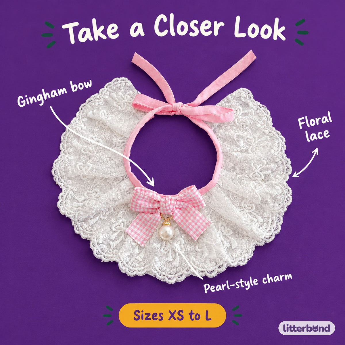 Gingham Bow Lace Collar - close-up details