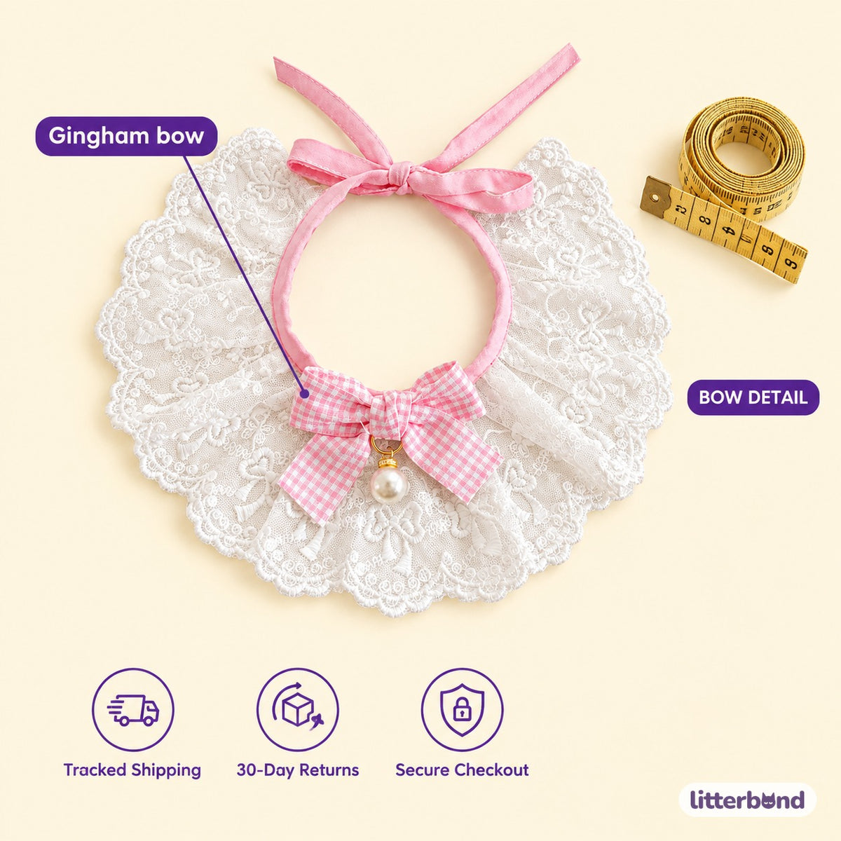 Gingham Bow Lace Collar - size and details