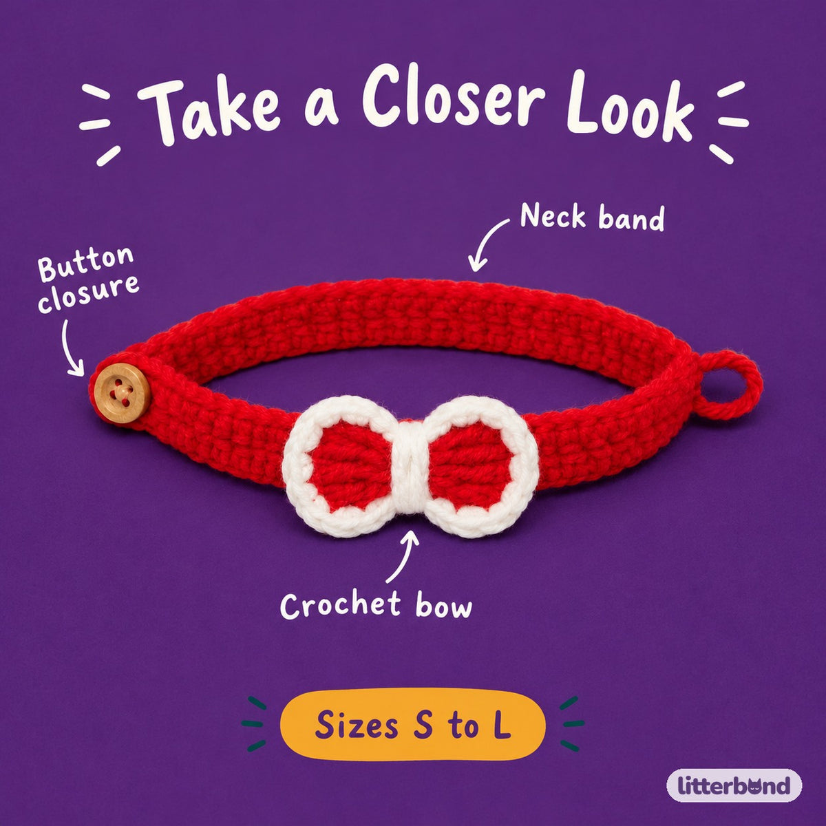 Crochet Bow Button Collar - close-up details