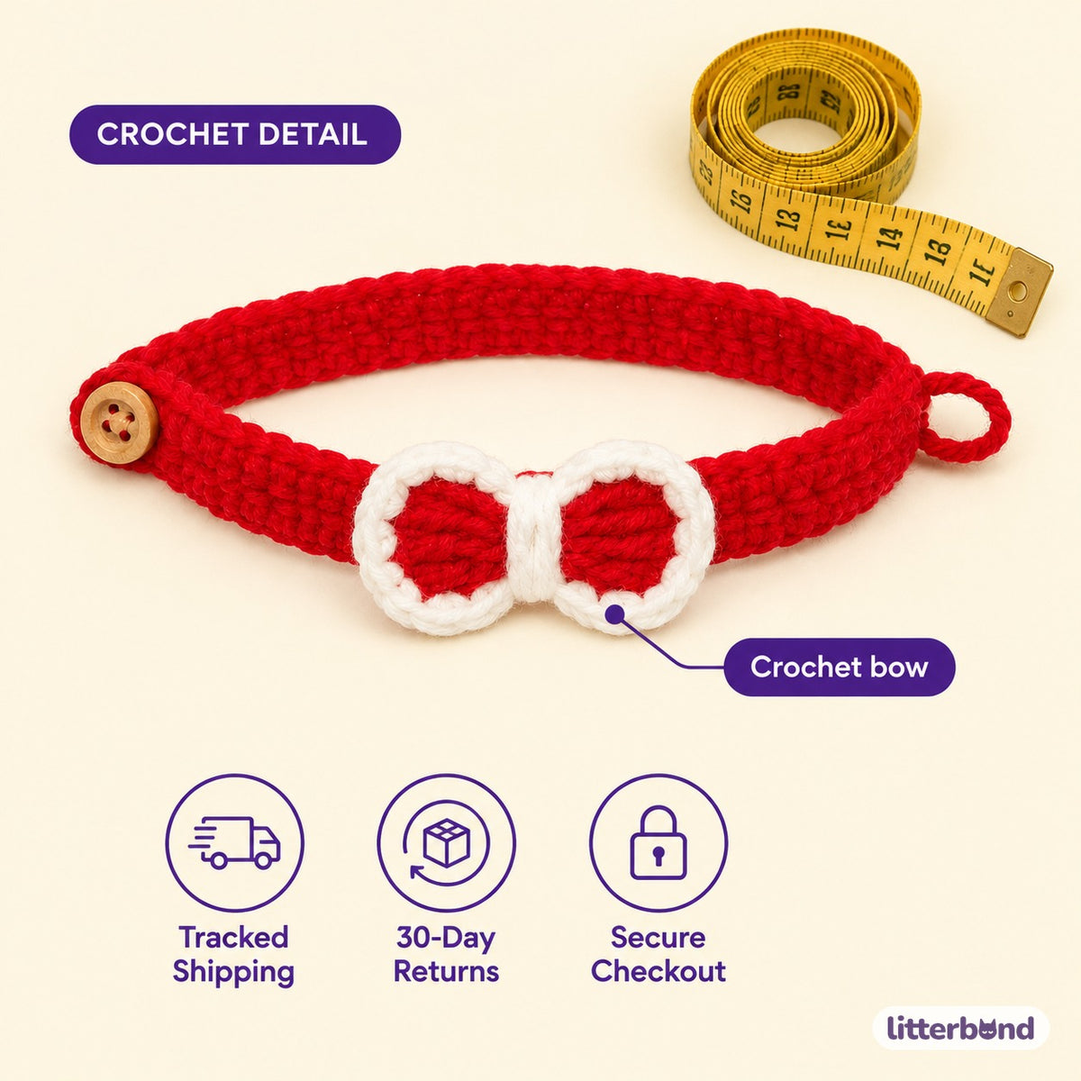 Crochet Bow Button Collar - size and details