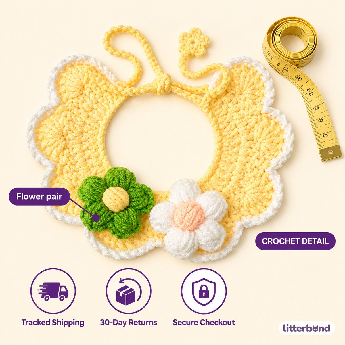 Daisy Pair Scalloped Crochet Collar - size and details