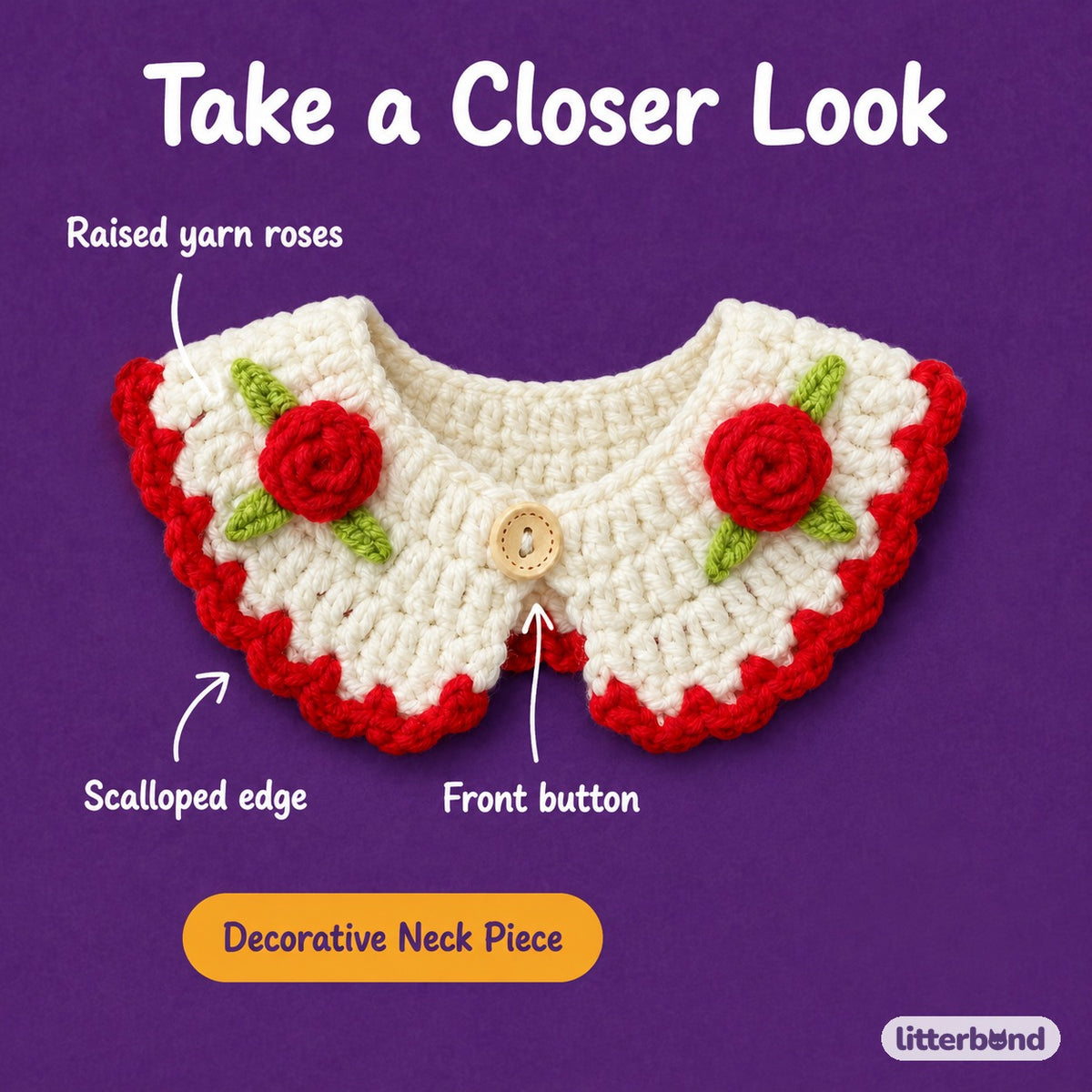Rose Button Crochet Collar - close-up details
