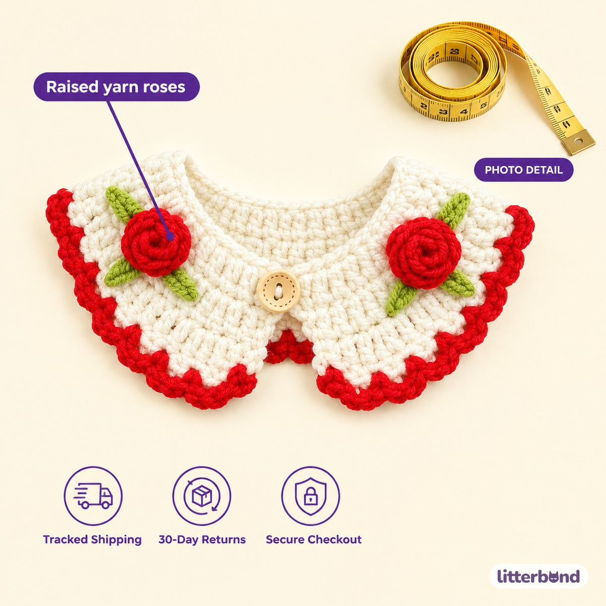 Rose Button Crochet Collar - size and details