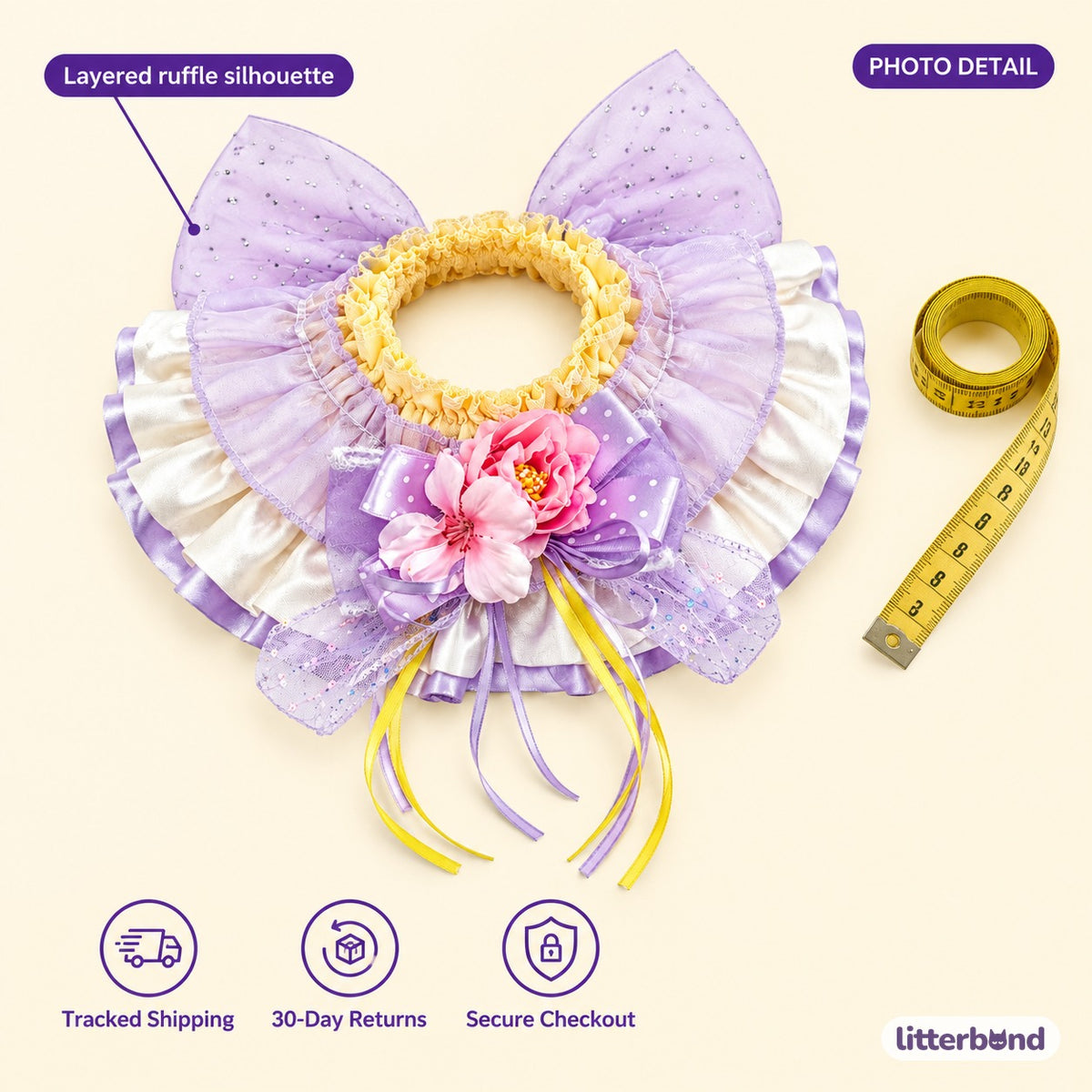 Ornate Ribbon Ruffle Collar - size and details