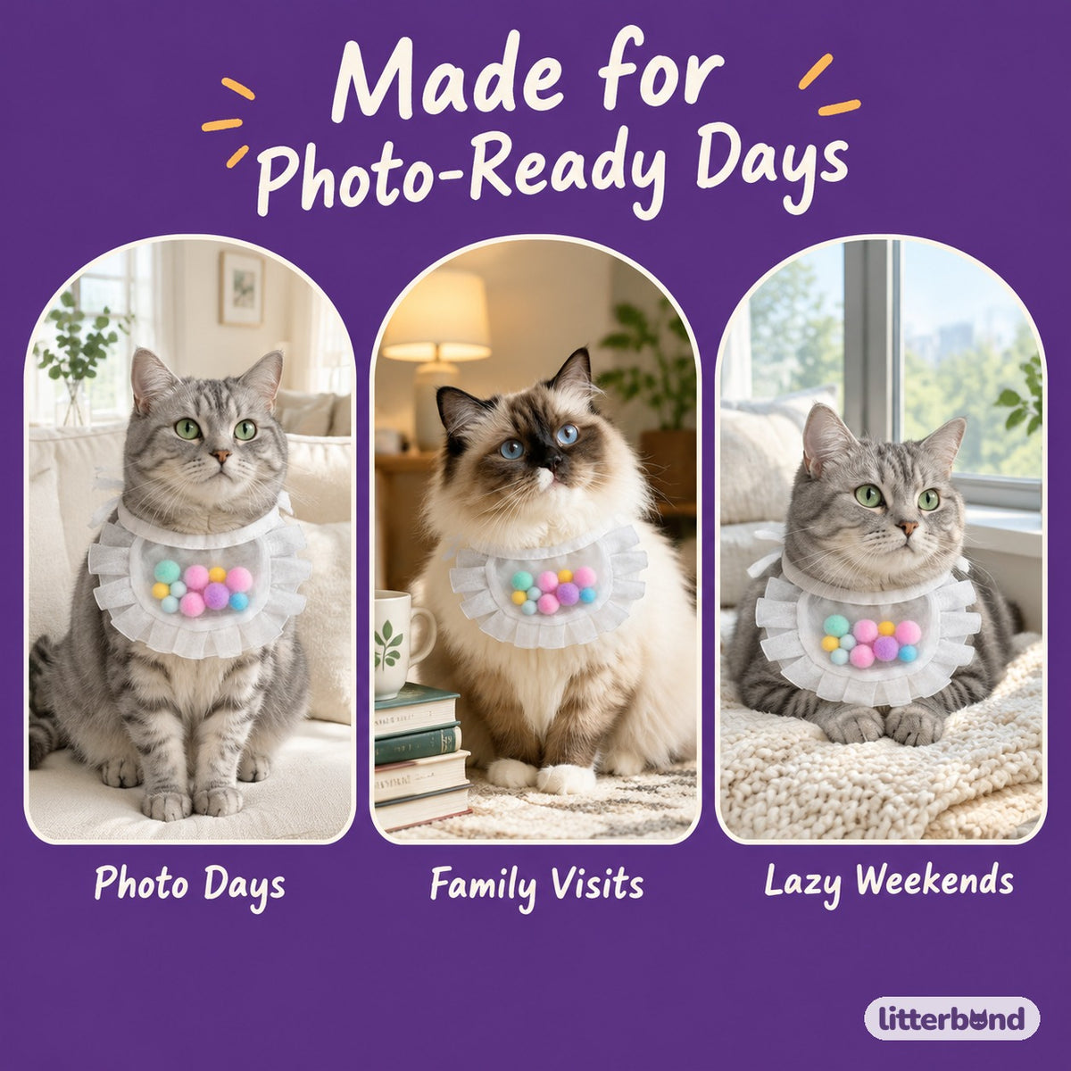 Pastel Pom-Pom Ruffle Bib on a cat at home