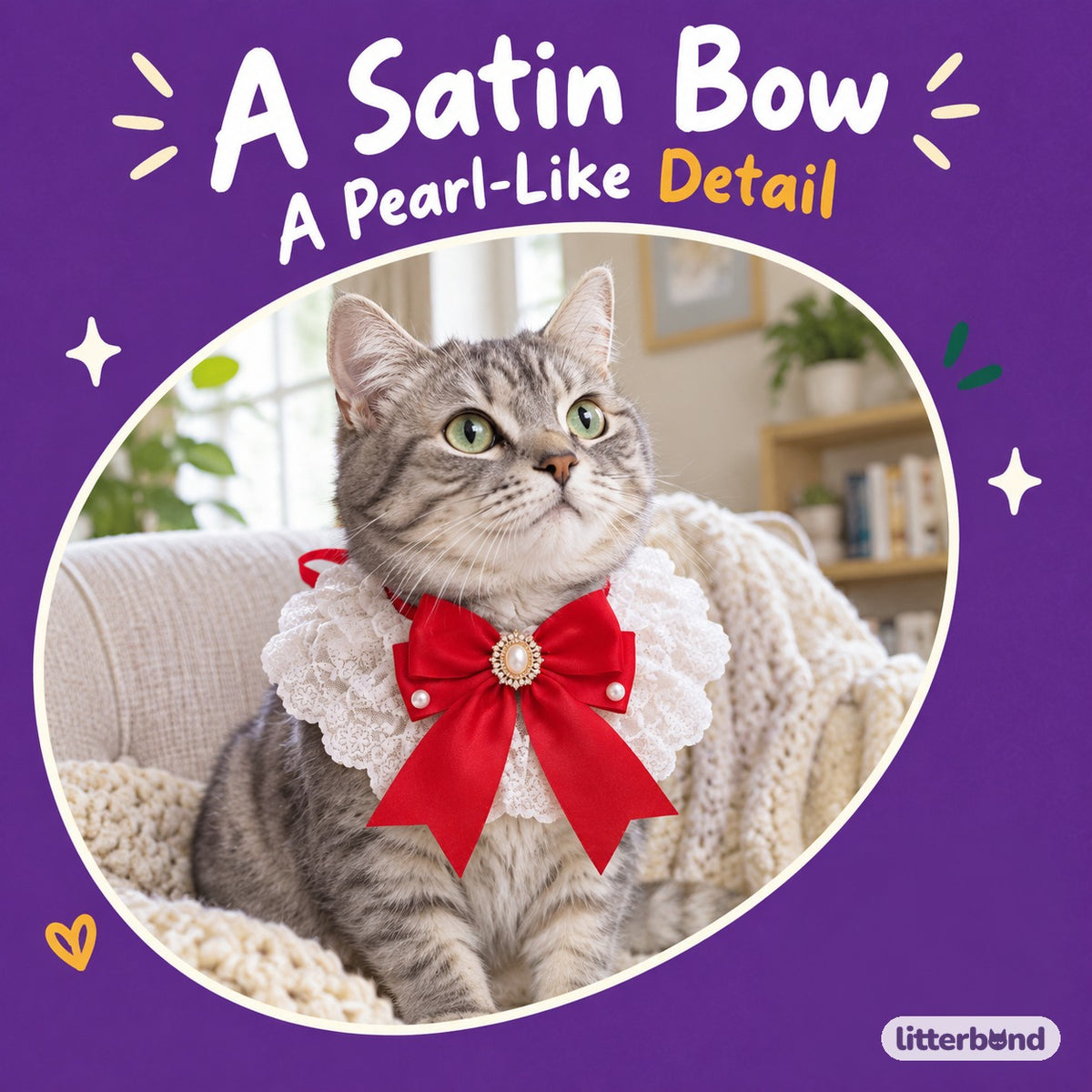 Pearl Center Lace Bow Ruffle on a cat