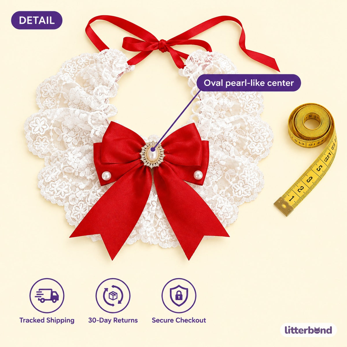 Pearl Center Lace Bow Ruffle - size and details