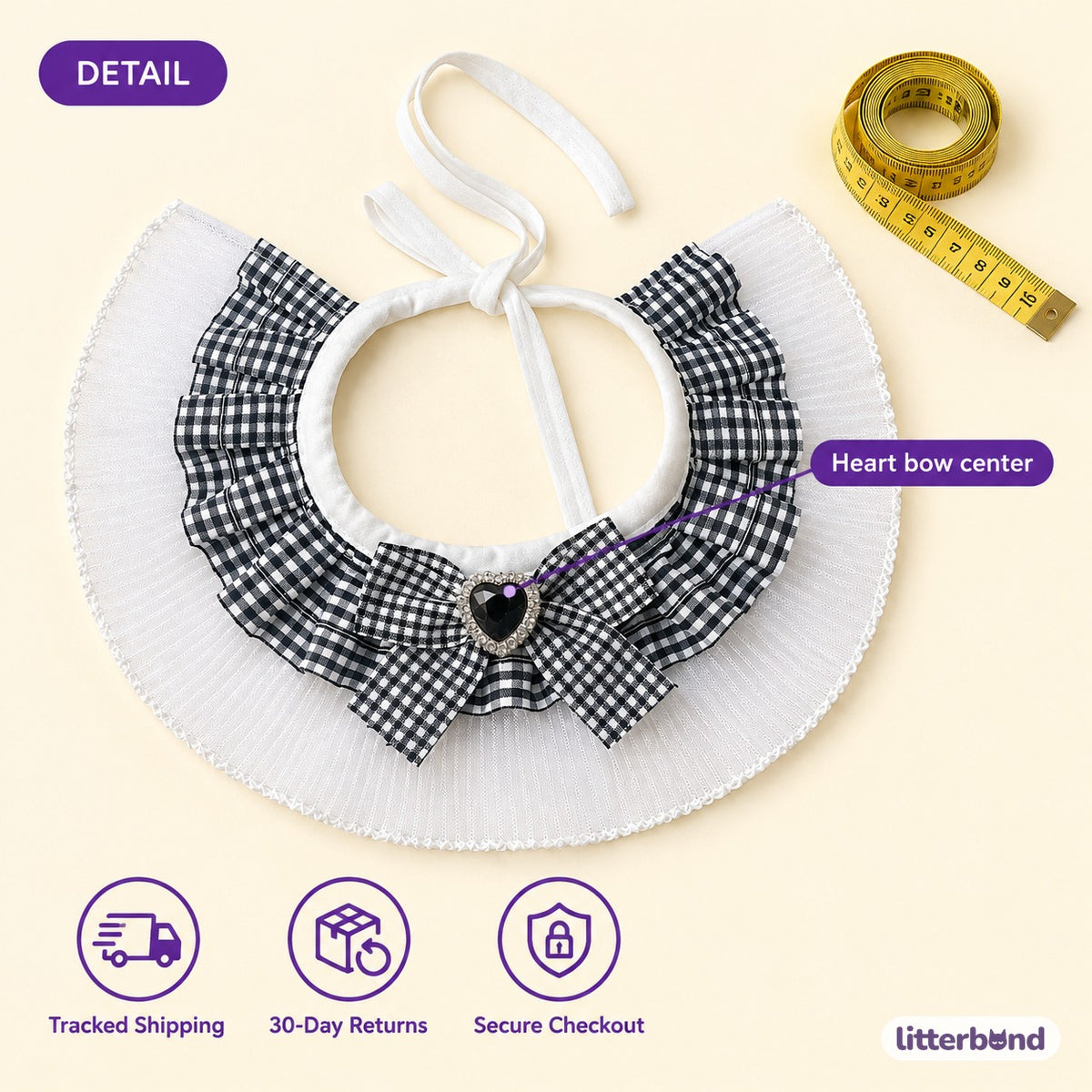 Gingham Heart Bow Ruffle - size and details