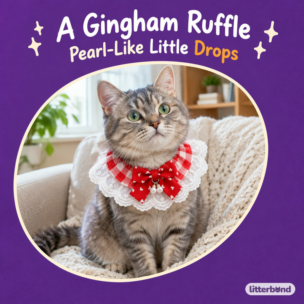 Gingham Pearl Drop Bow Ruffle on a cat