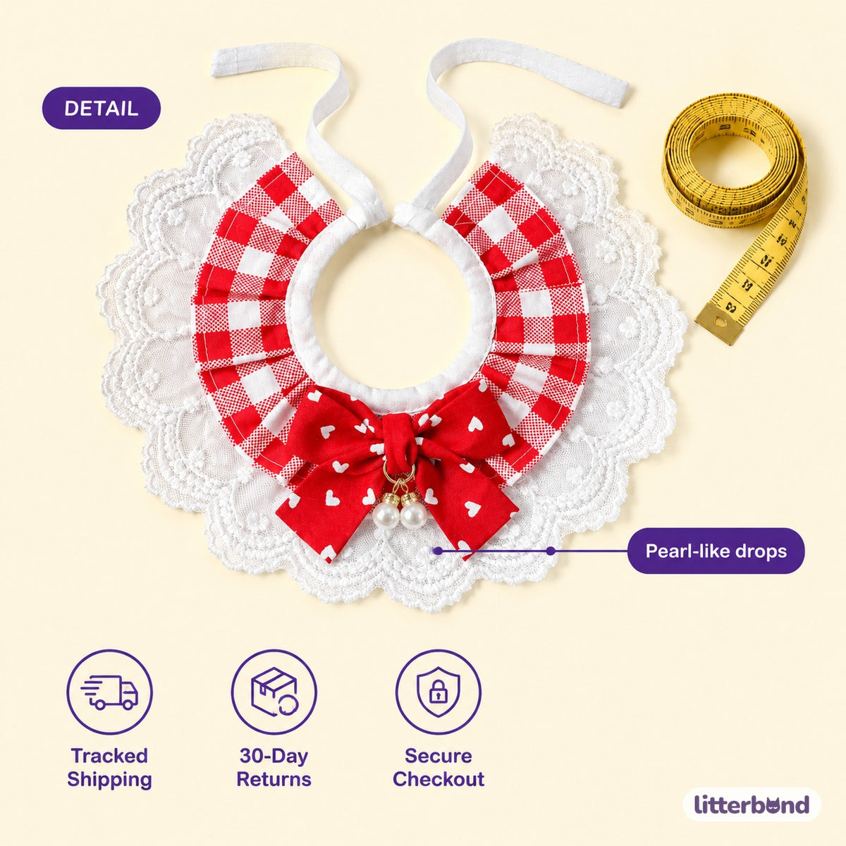 Gingham Pearl Drop Bow Ruffle - size and details