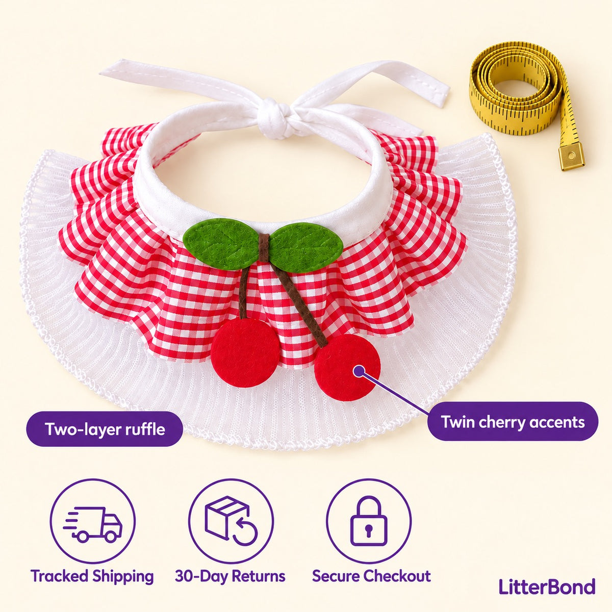 Cherry Gingham Ruffle Collar - size and details
