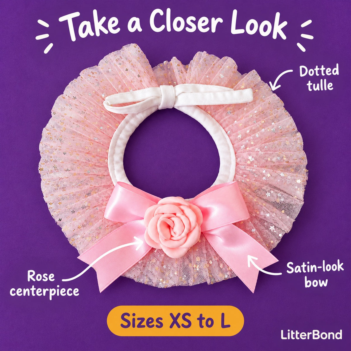 Rose Bow Tulle Collar - close-up details