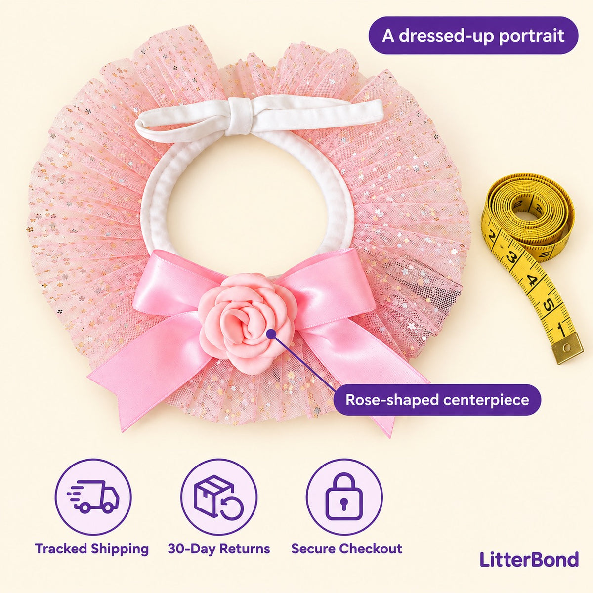 Rose Bow Tulle Collar - size and details