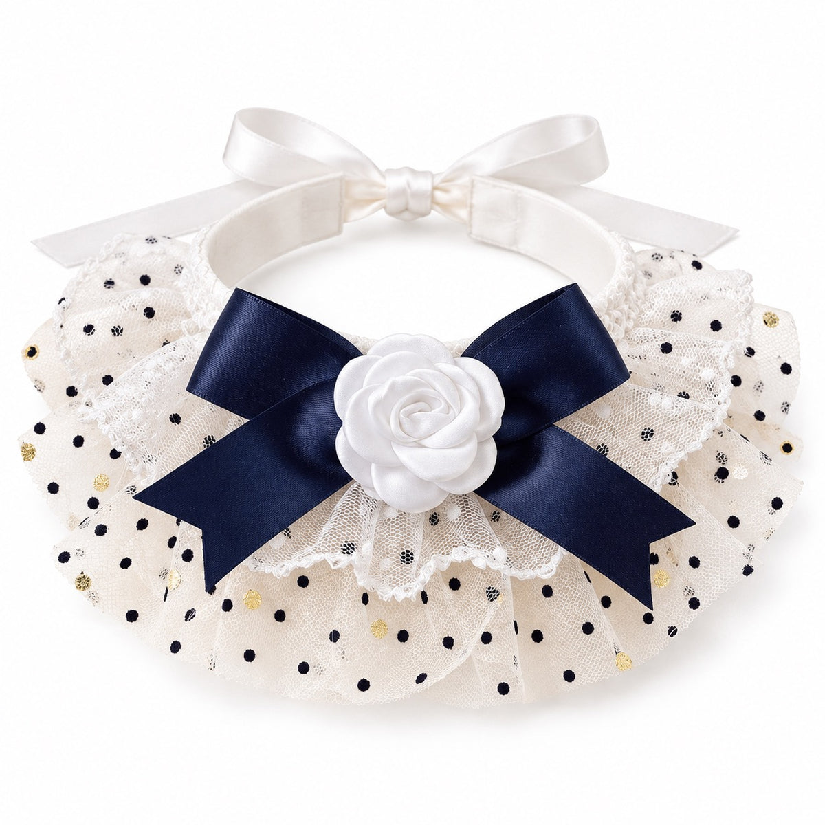 Rose Bow Tulle Collar - Navy Dot Rose