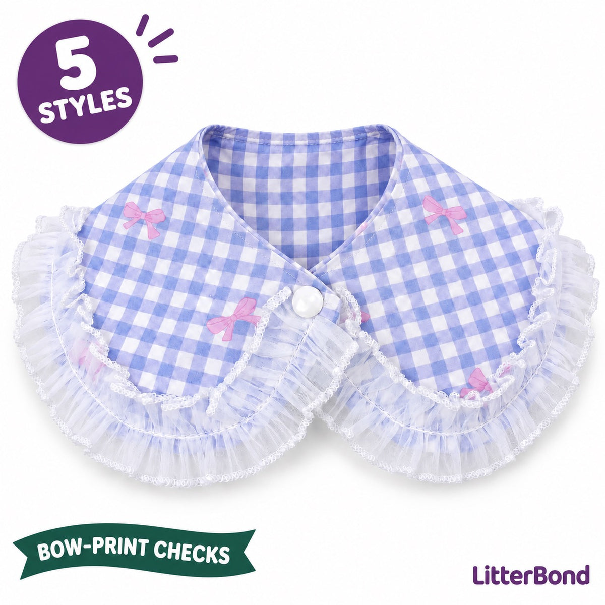 Bow-Print Gingham Frill Collar