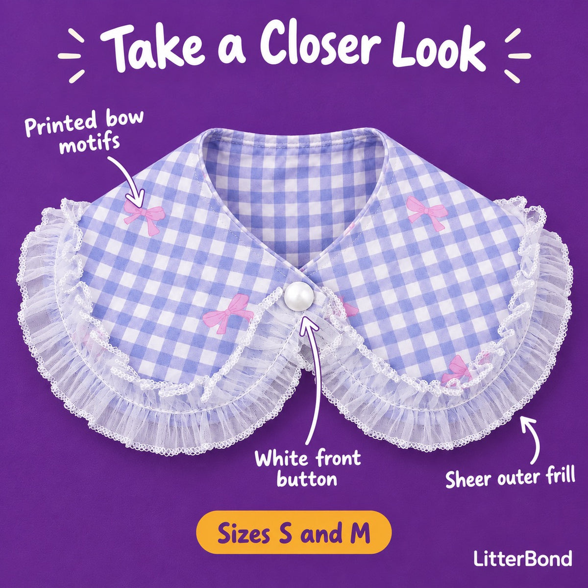 Bow-Print Gingham Frill Collar - close-up details