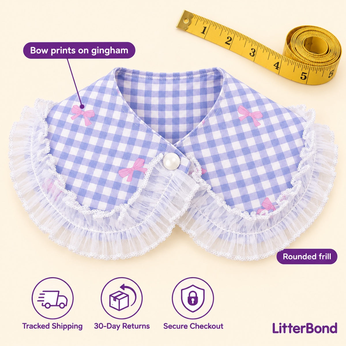Bow-Print Gingham Frill Collar - size and details