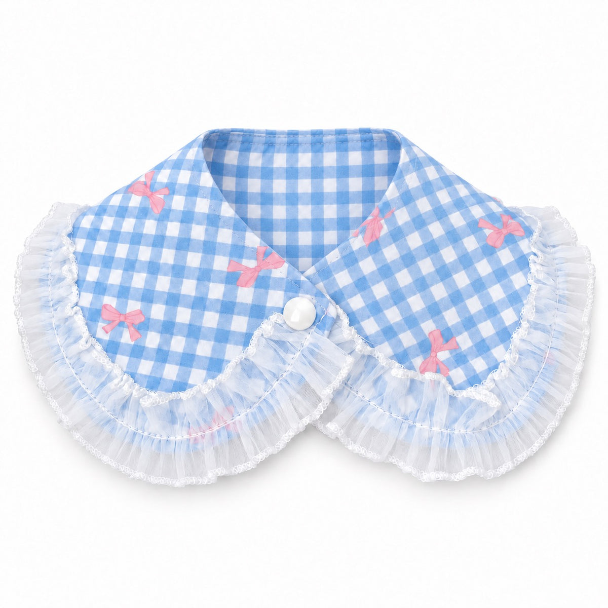 Bow-Print Gingham Frill Collar - Blue Gingham