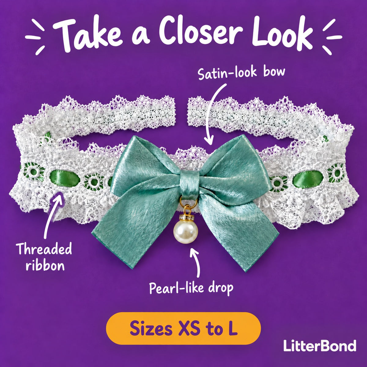 Pearl-Drop Ribbon Bow Lace Collar - close-up details