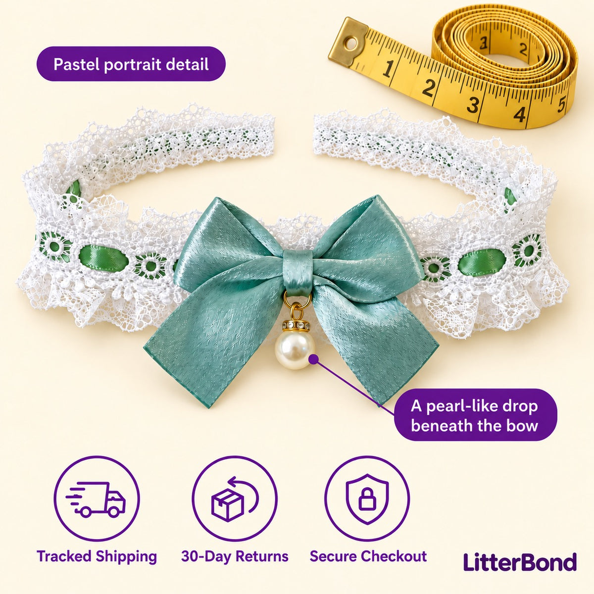 Pearl-Drop Ribbon Bow Lace Collar - size and details