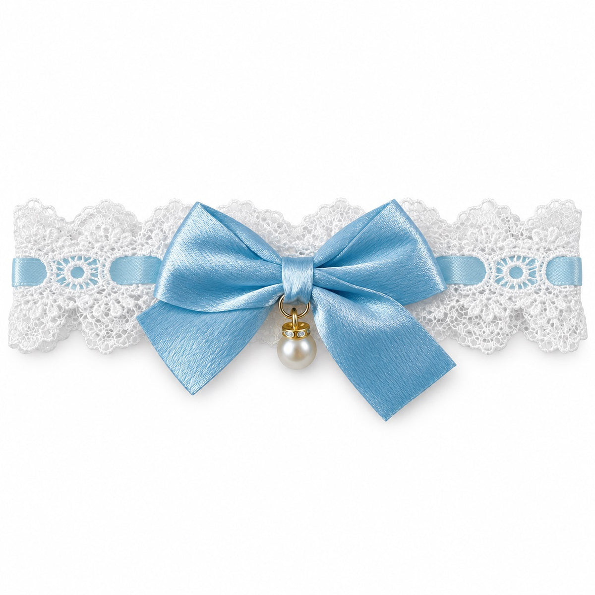 Pearl-Drop Ribbon Bow Lace Collar - Sky Blue
