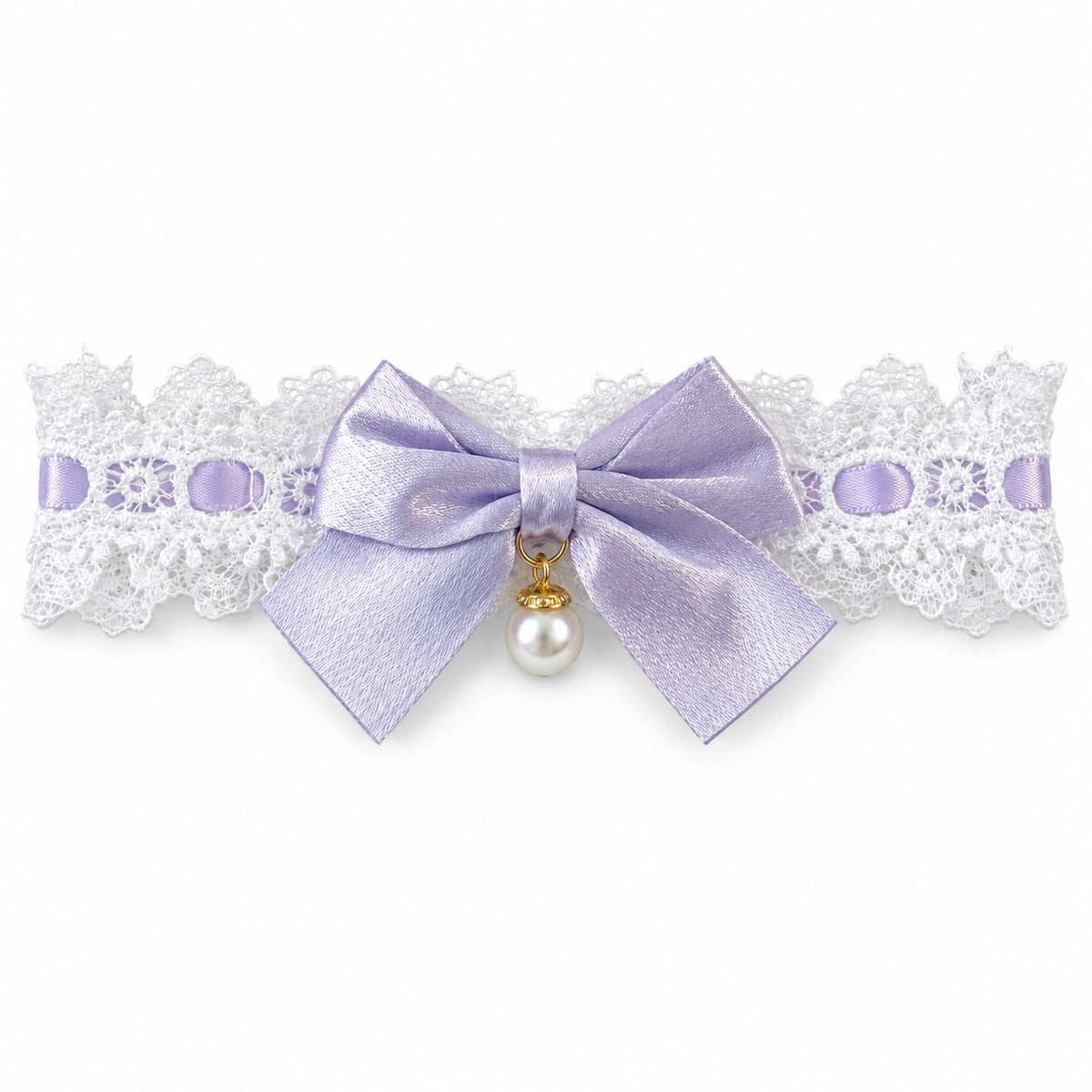 Pearl-Drop Ribbon Bow Lace Collar - Lilac