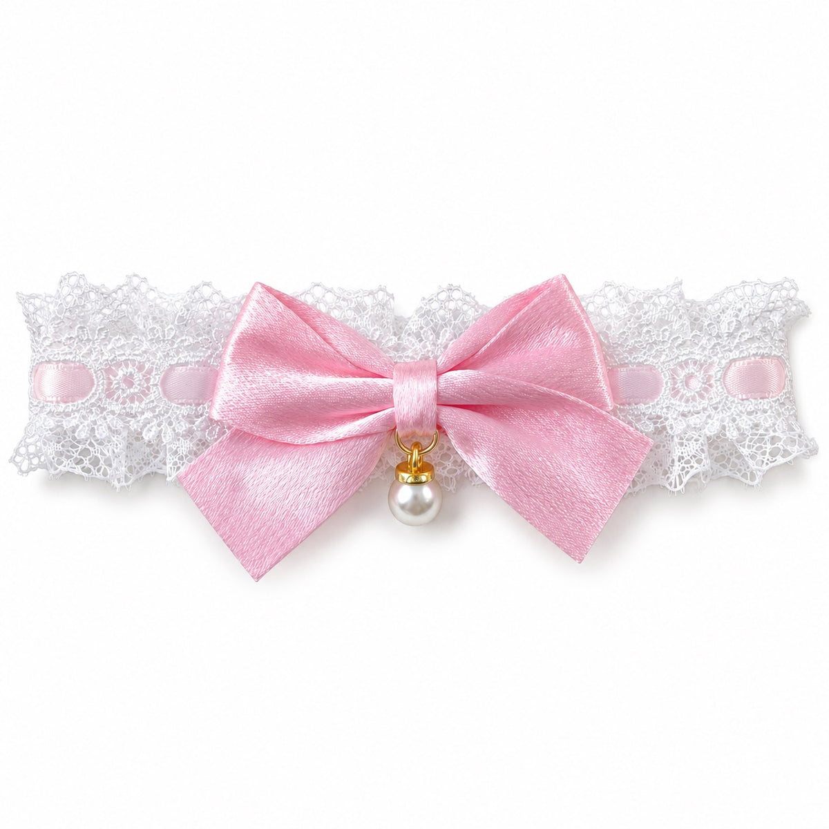 Pearl-Drop Ribbon Bow Lace Collar - Blush Pink