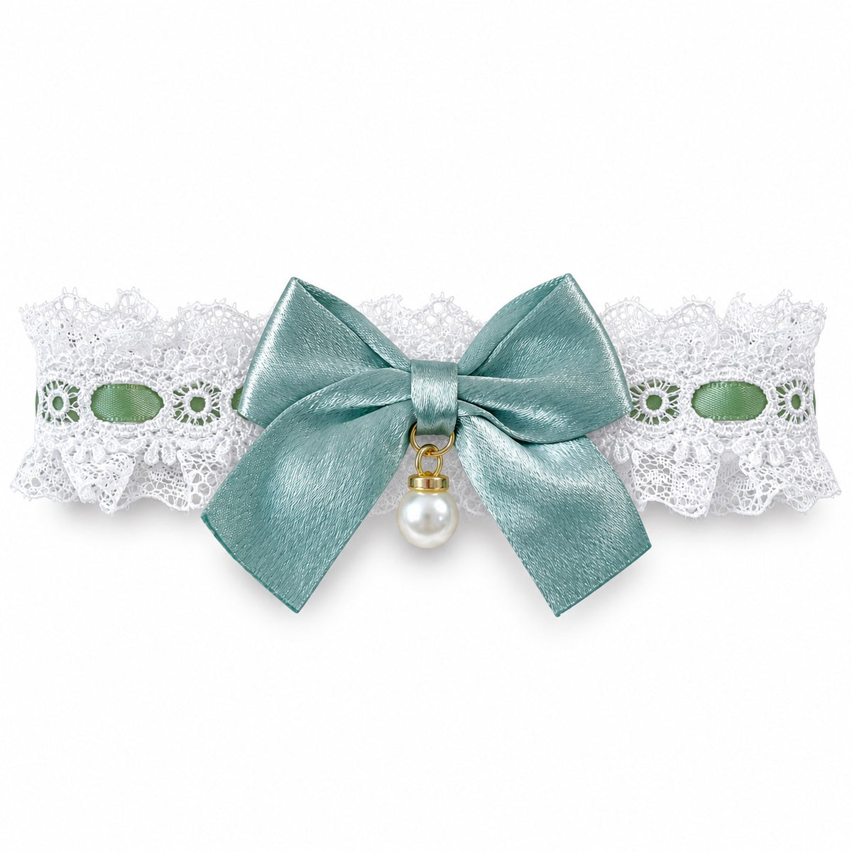 Pearl-Drop Ribbon Bow Lace Collar - Seafoam