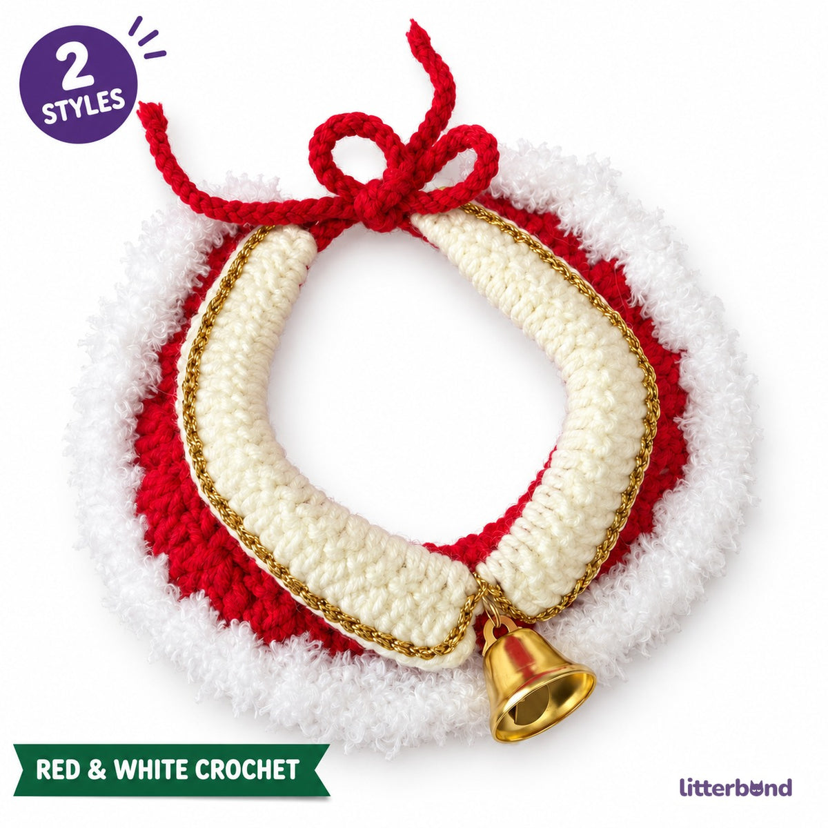 Red & White Christmas Crochet Collar - Gold Bell collar with two-style badge