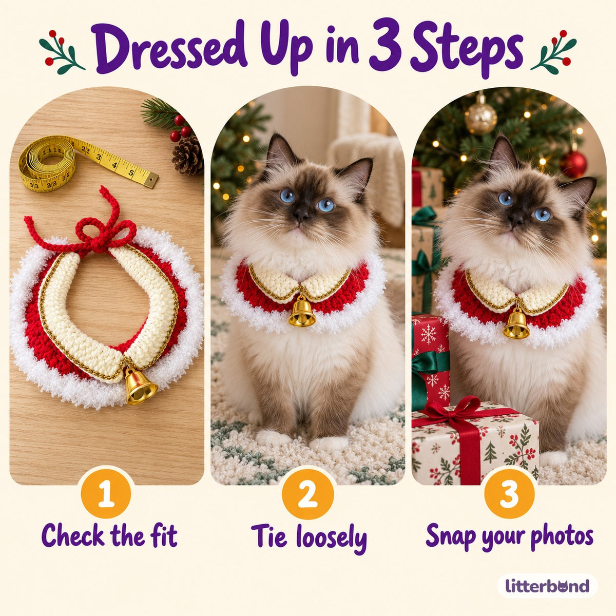 Red & White Christmas Crochet Collar - Gold Bell collar dressing steps with cats
