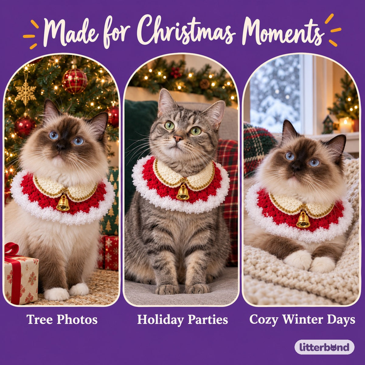 Red & White Christmas Crochet Collar - cats wearing Gold Bell collars in three holiday scenes
