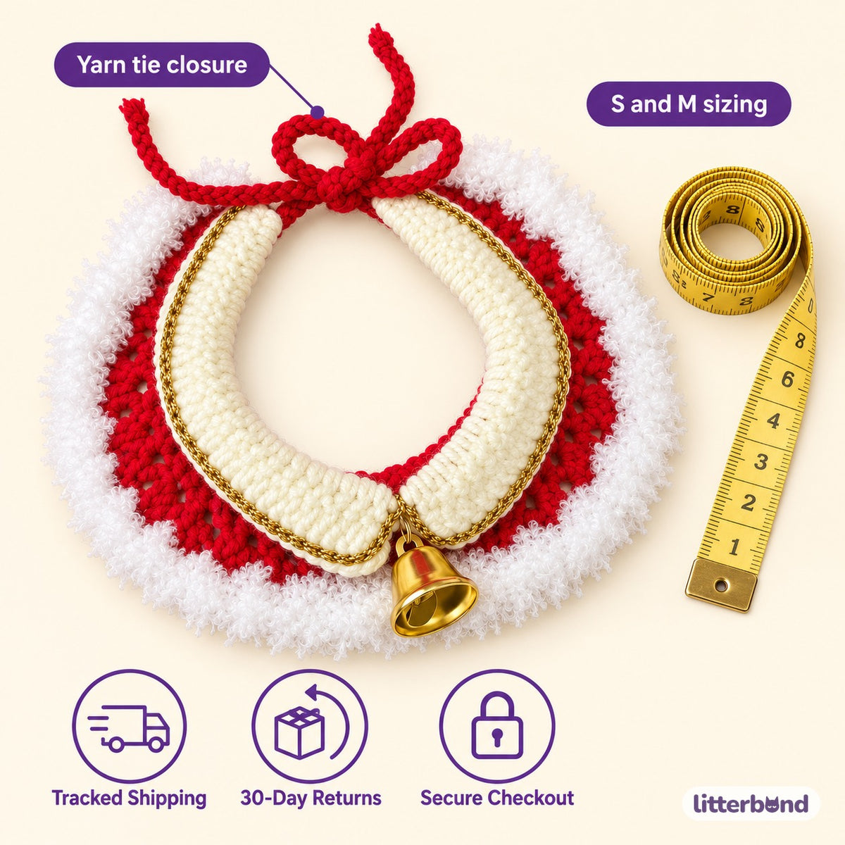 Red & White Christmas Crochet Collar - Gold Bell collar with yarn ties and S/M sizing