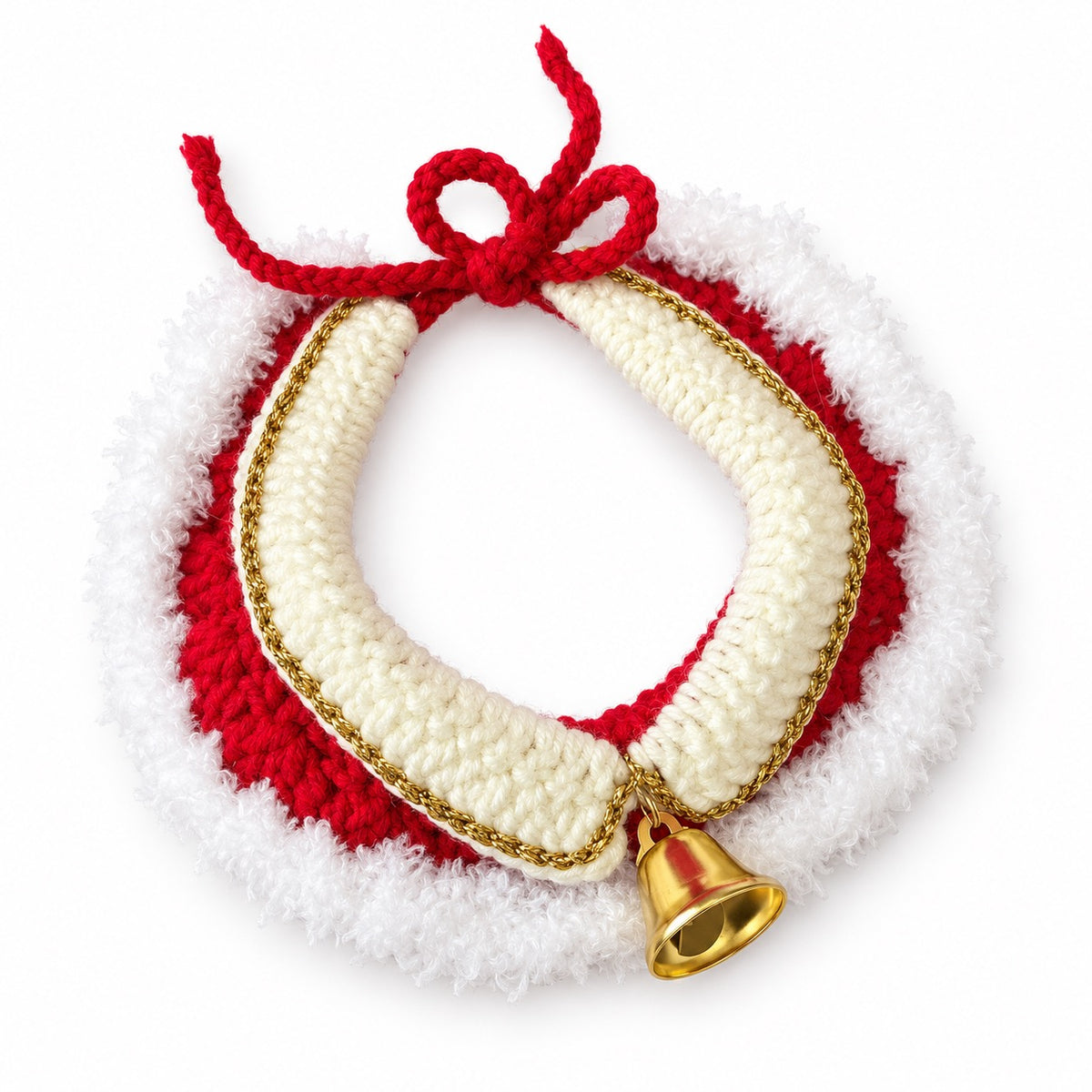 Red & White Christmas Crochet Collar - Gold Bell Capelet