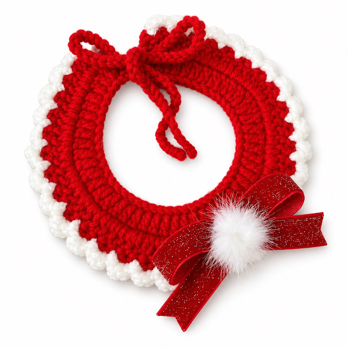 Red & White Christmas Crochet Collar - Fluffy Ribbon Collar
