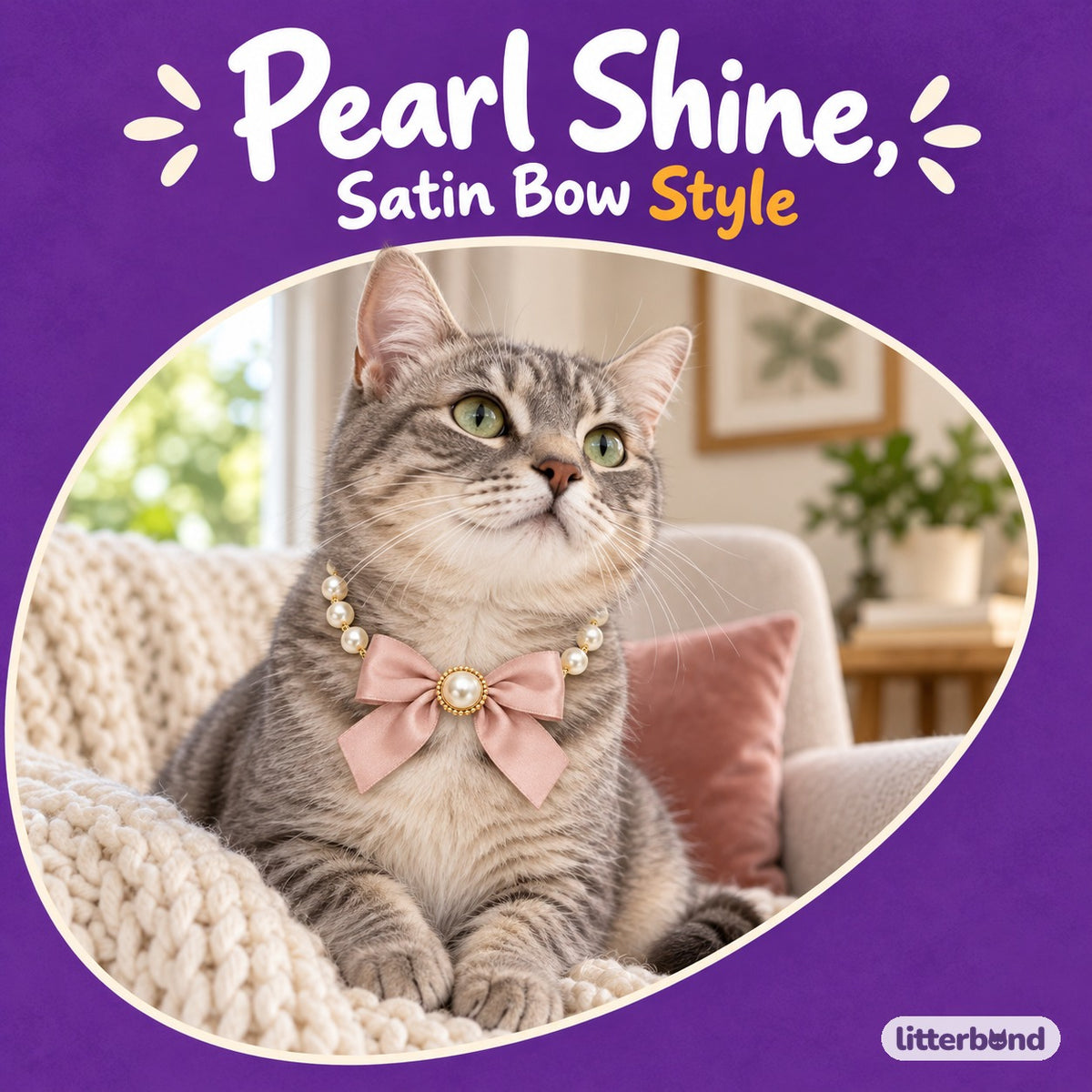 Satin Bow Pearl Necklace on a cat