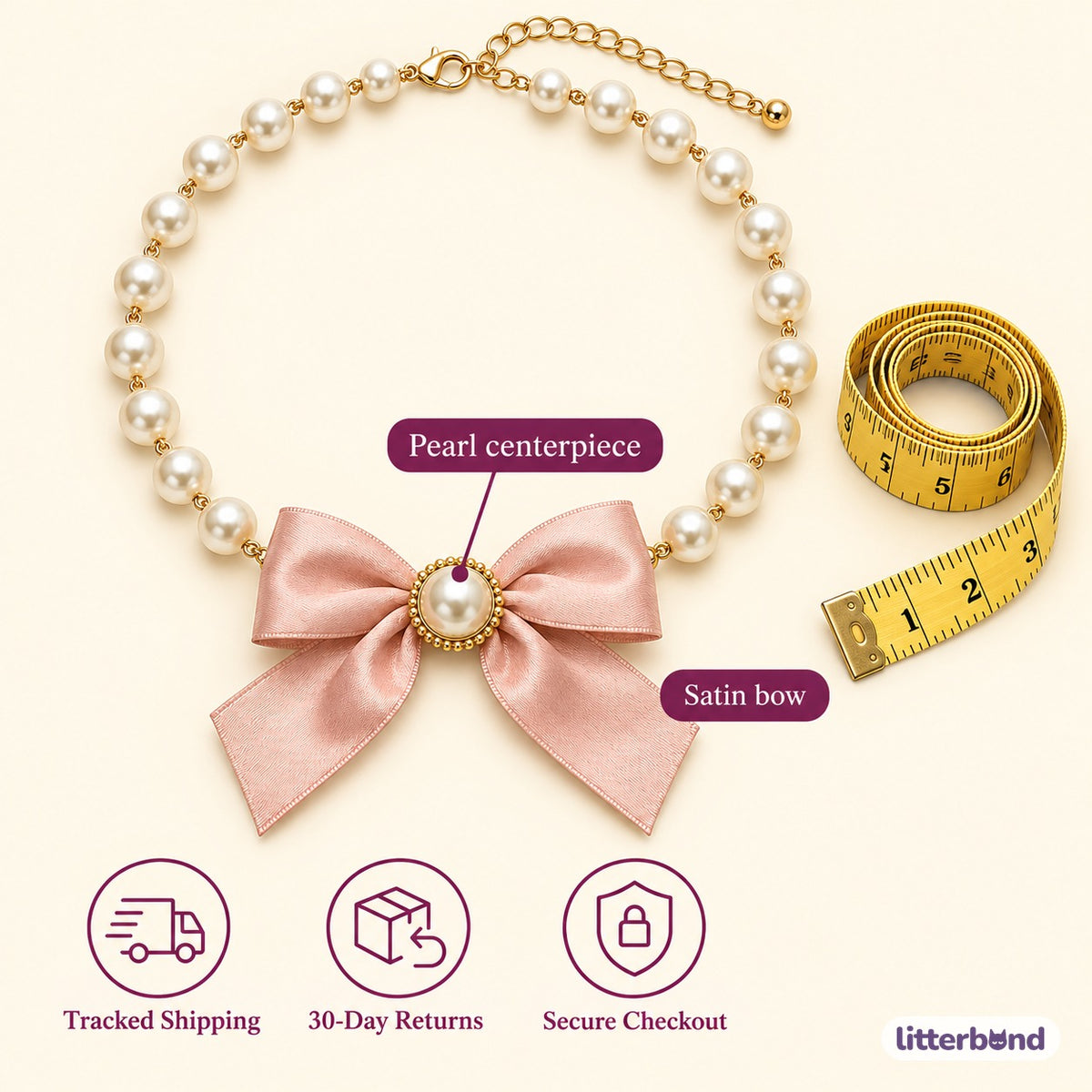 Satin Bow Pearl Necklace - size and details