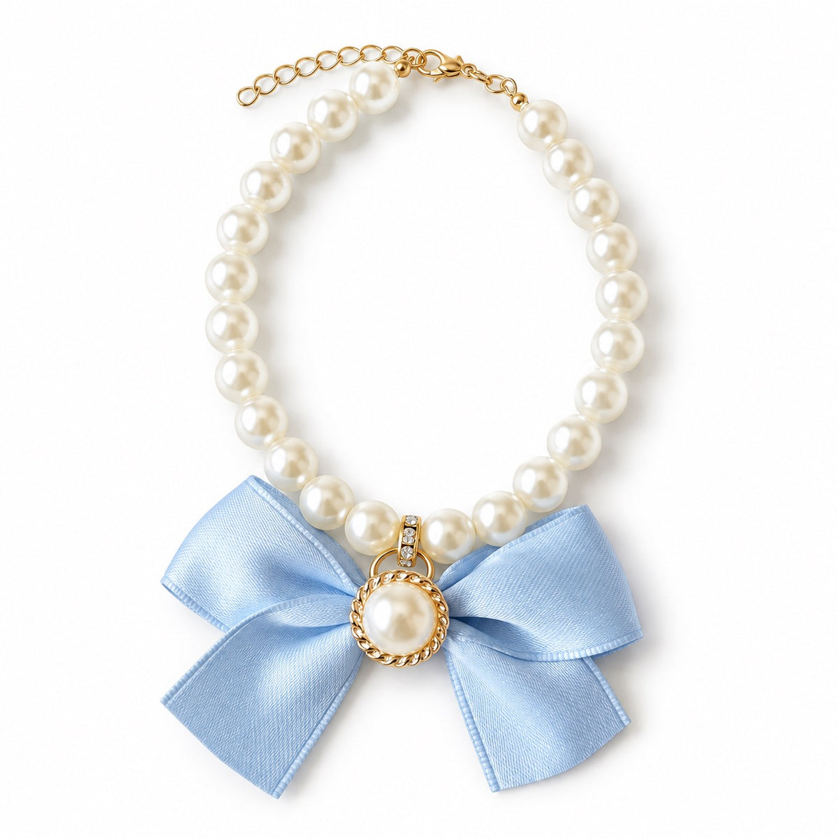 Satin Bow Pearl Necklace - Powder Blue Bow