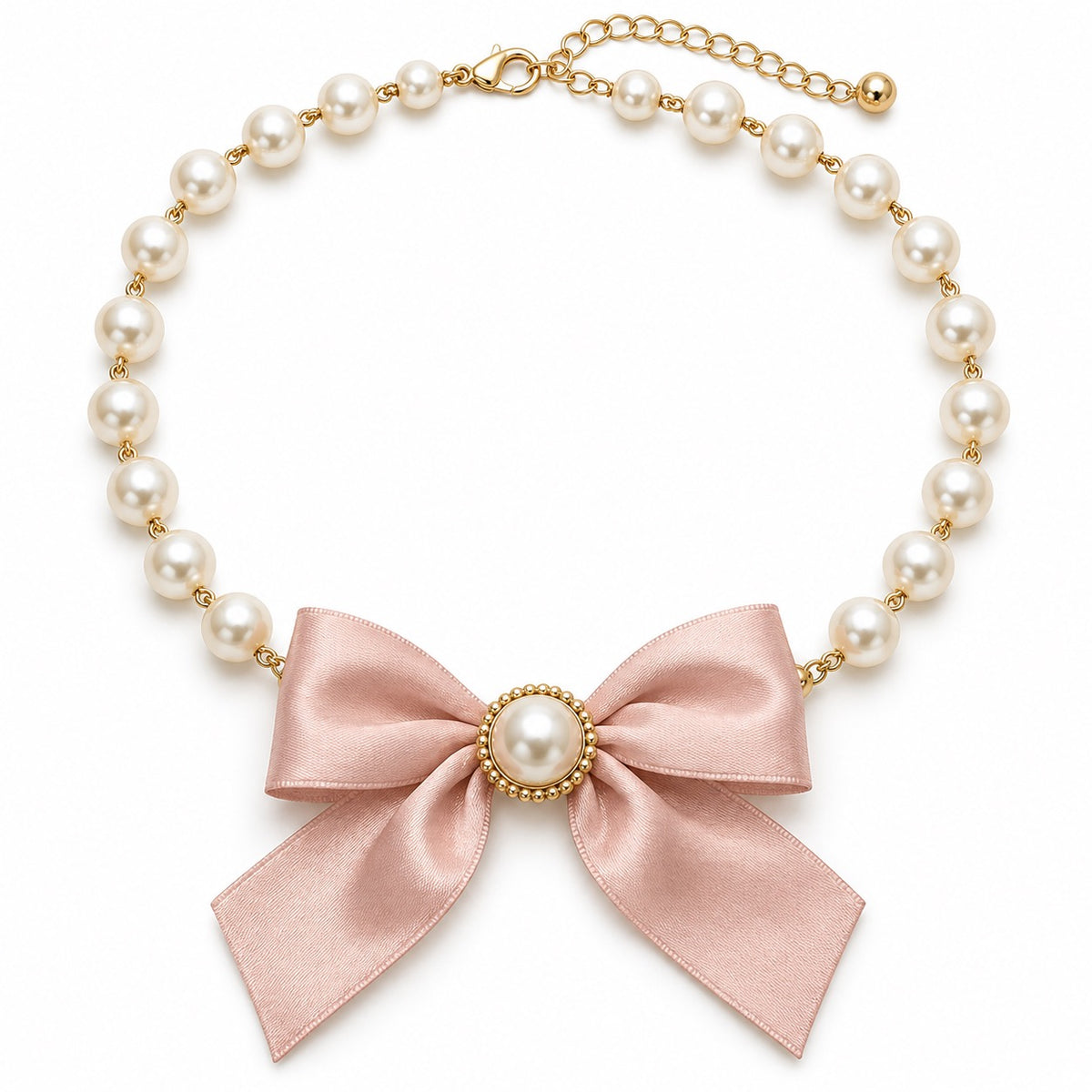 Satin Bow Pearl Necklace - Blush Pink Bow