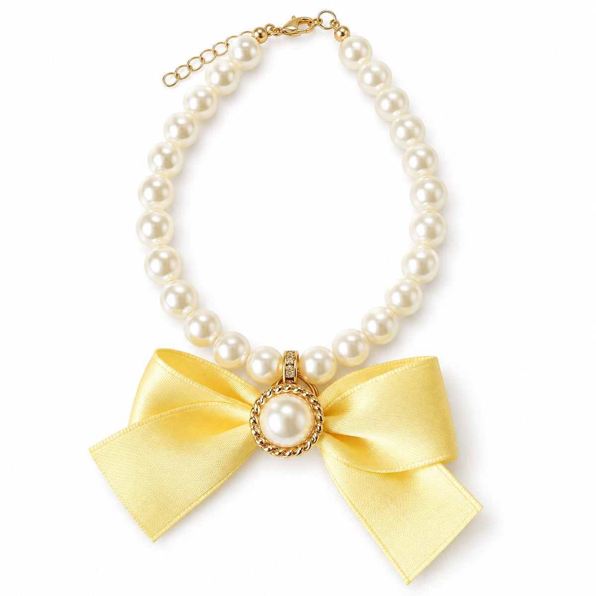 Satin Bow Pearl Necklace - Butter Yellow Bow