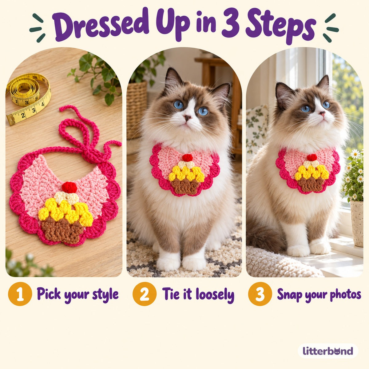 Scalloped Crochet Pet Bib - how to put it on