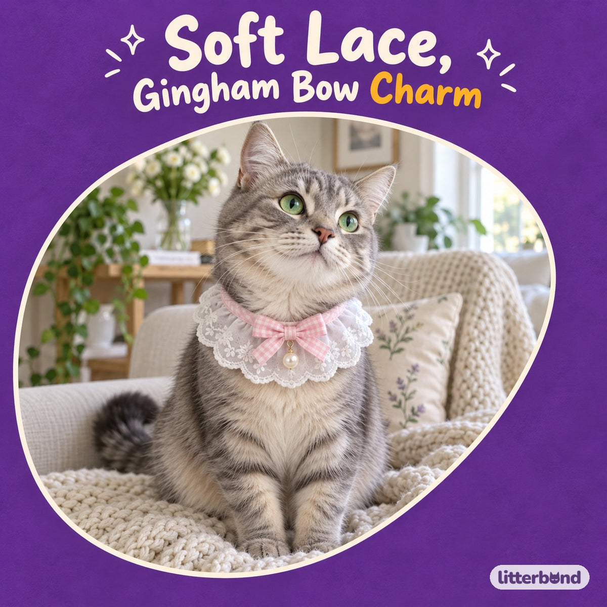 Gingham Bow Lace Bib Collar on a cat