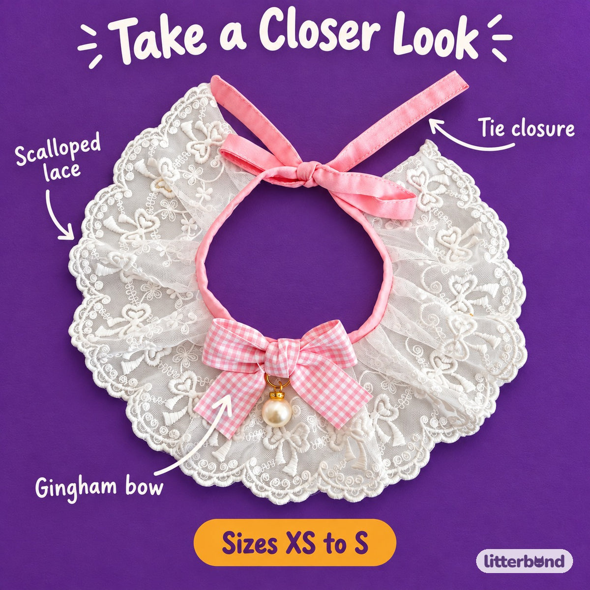 Gingham Bow Lace Bib Collar - close-up details