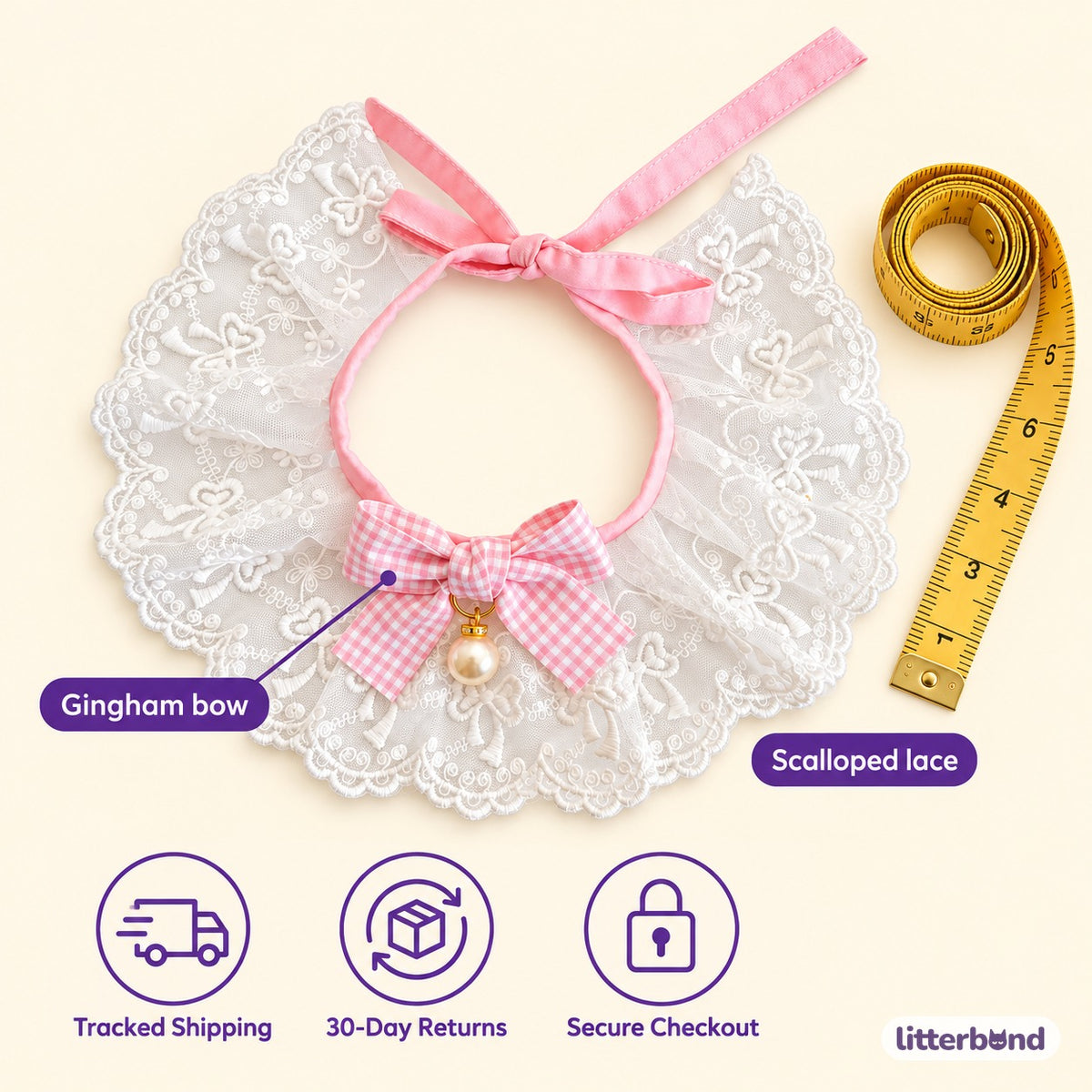 Gingham Bow Lace Bib Collar - size and details