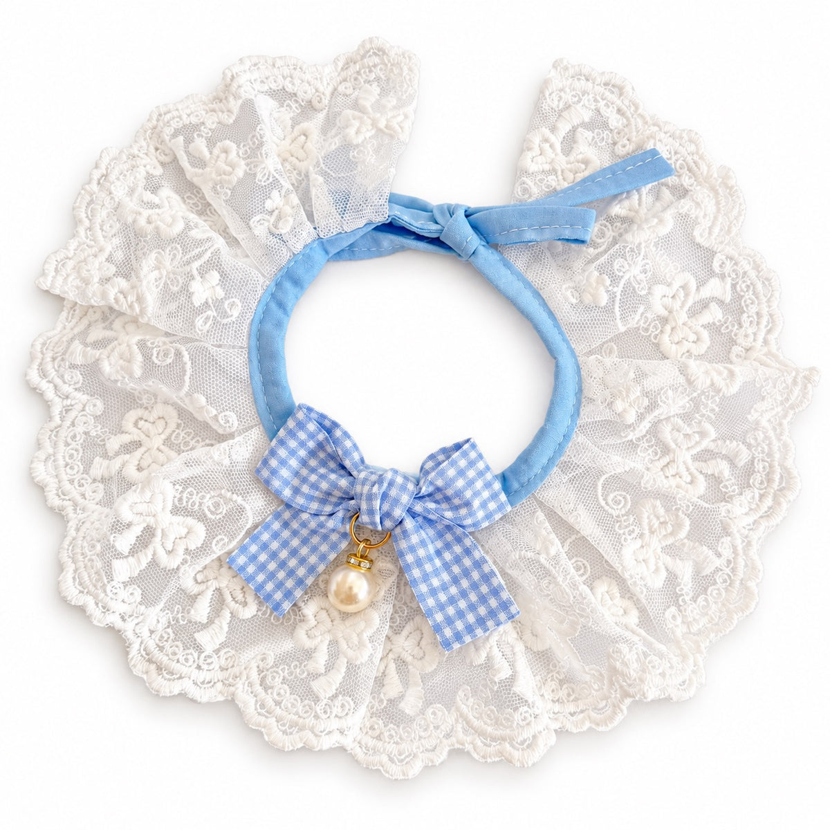Gingham Bow Lace Bib Collar - Blue Gingham Bow