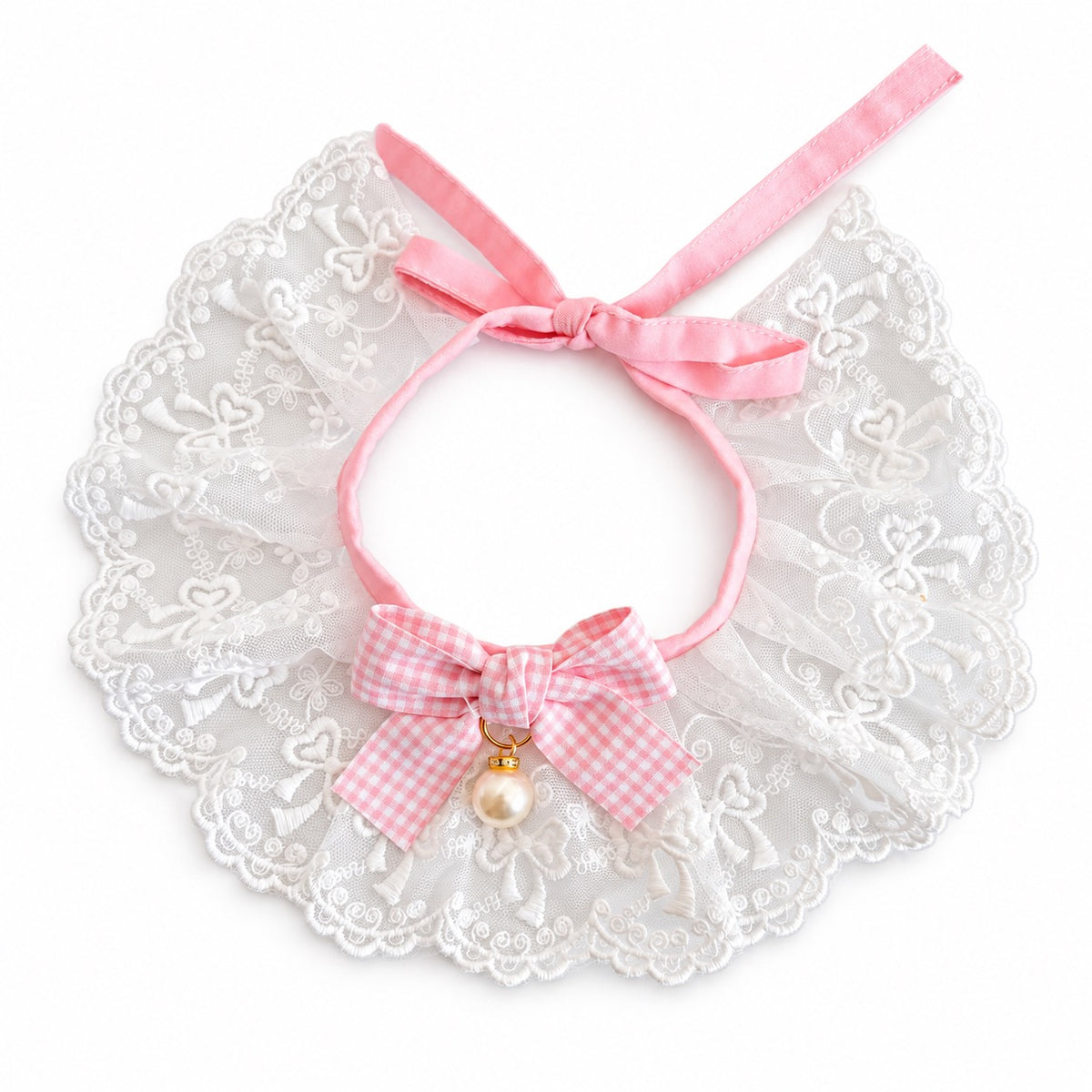 Gingham Bow Lace Bib Collar - Pink Gingham Bow