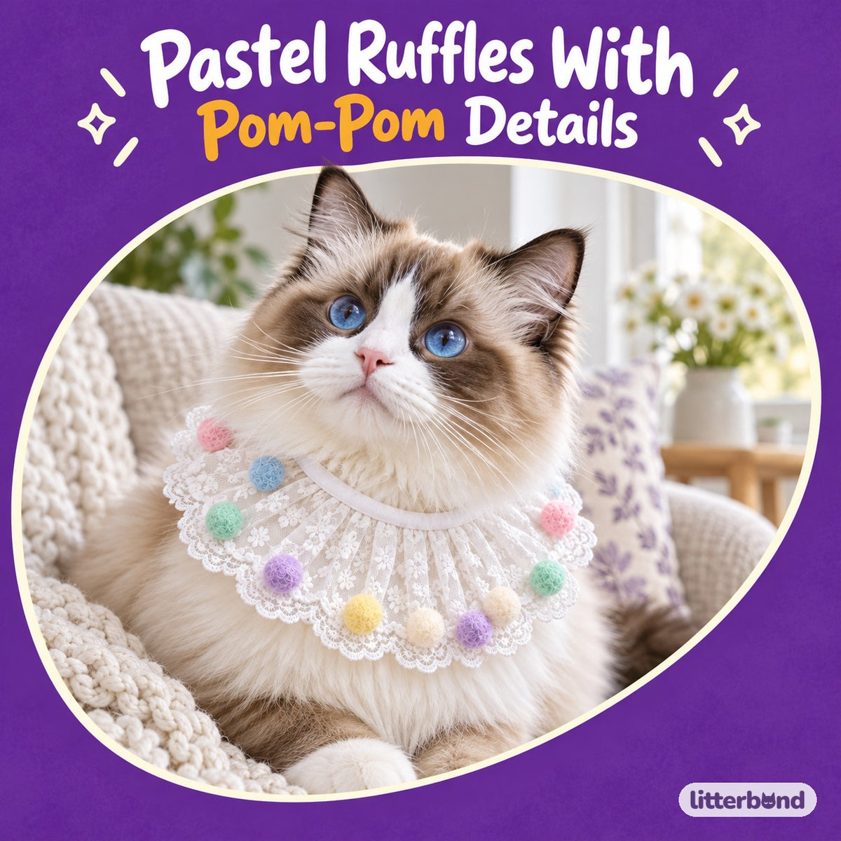 Pastel Lace Pom-Pom Bib Collar on a cat