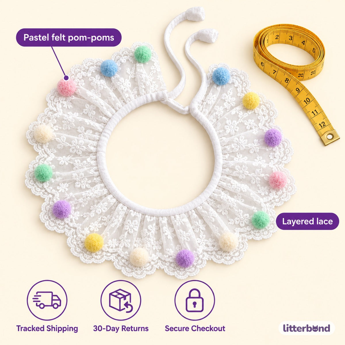 Pastel Lace Pom-Pom Bib Collar - size and details