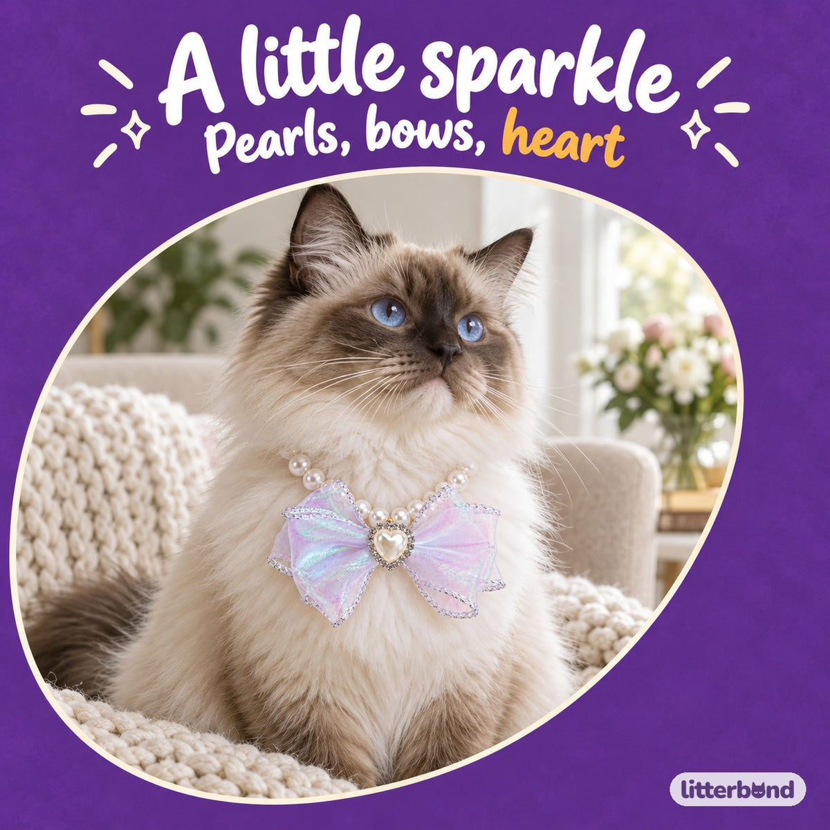 Iridescent Heart Bow Necklace on a cat