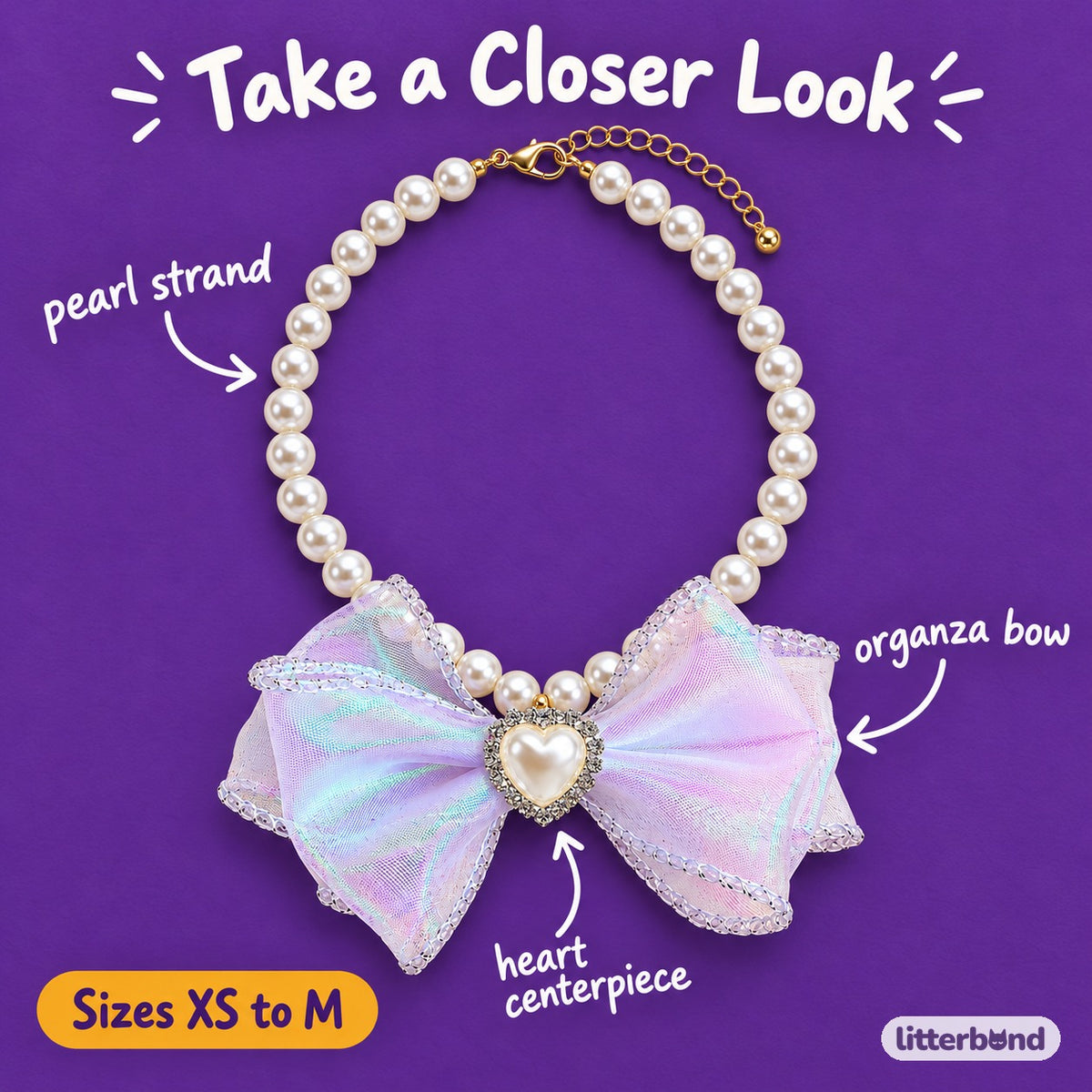 Iridescent Heart Bow Necklace - close-up details